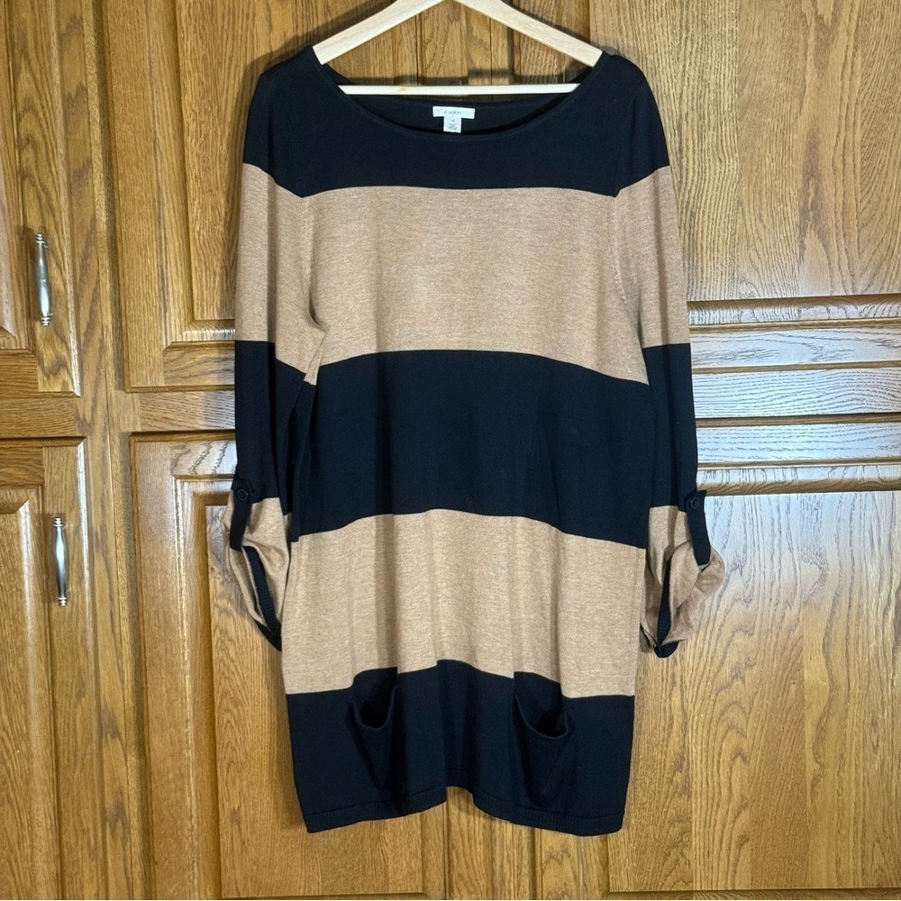 Caslon Black Tan Striped Tunic Sweater XL Button Tab Sleeve Pockets